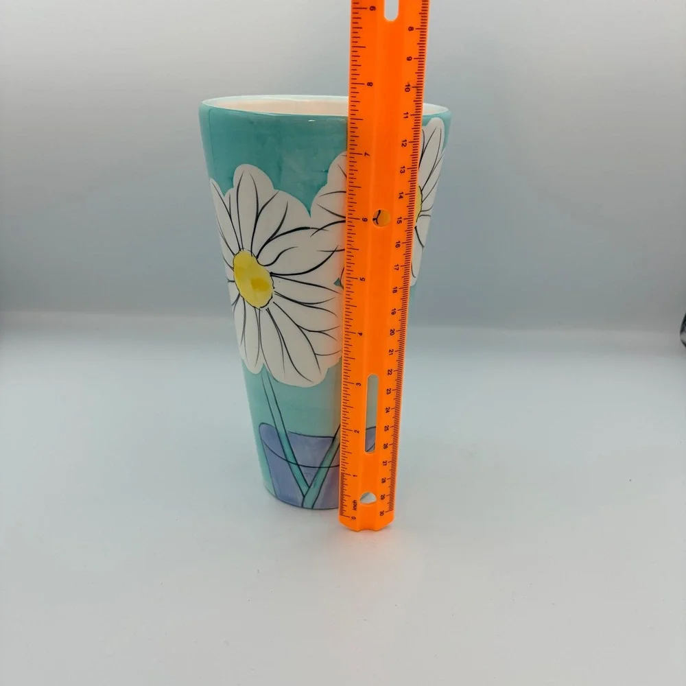 Napco Aqua Blue‎ Daisy Floral Ceramic Tapered Vase 8 Inch Retro Cottagecore